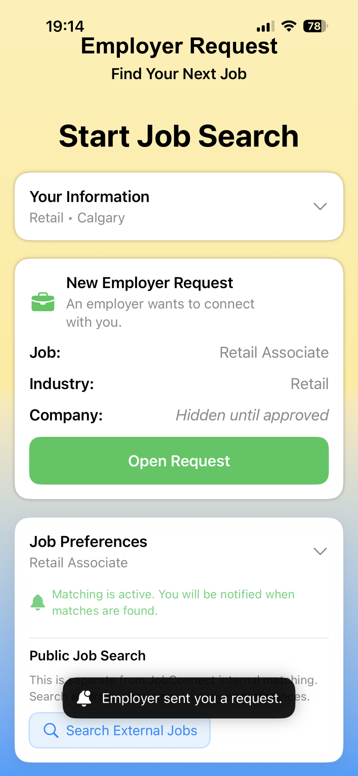 Employer sends request